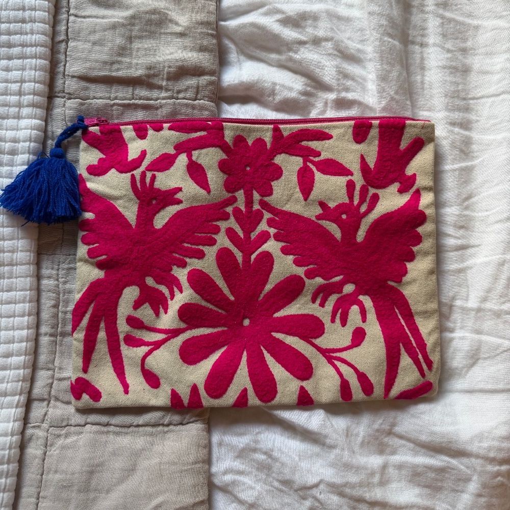 NEW Embroidered Pouch, One Size, Cream and Magenta